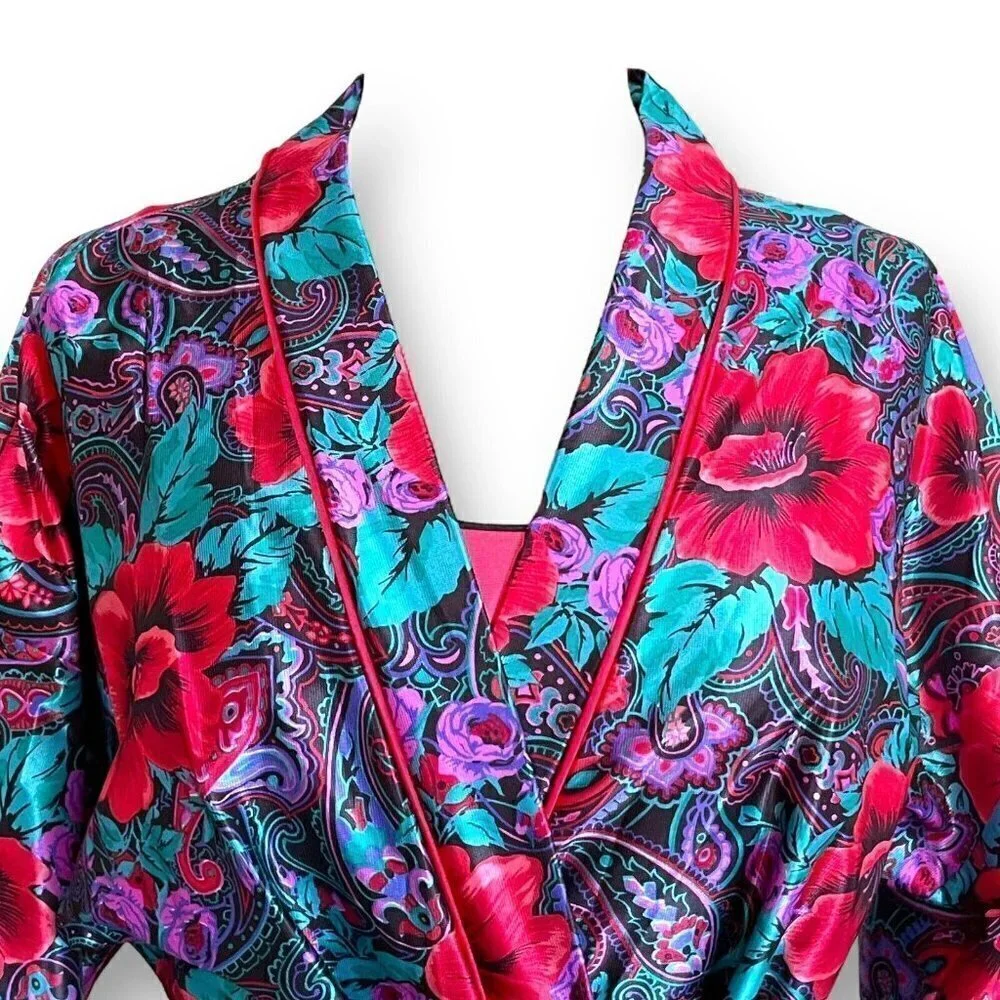 Vintage 1980s Lorraine Robe Nightgown Peignoir Set S M Red Purple Floral Paisley